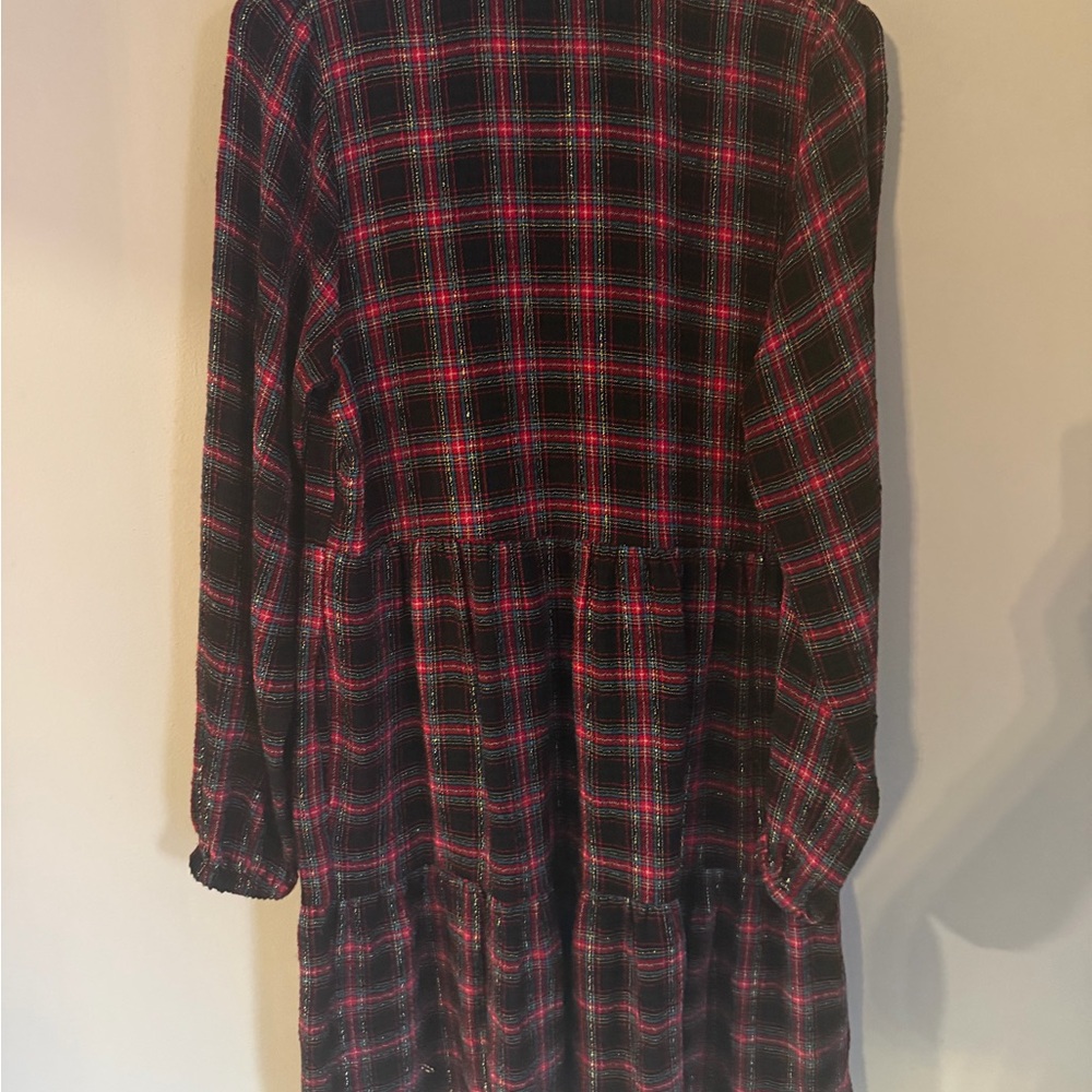 LOFT Plaid Tiered Mini Dress Womens Small Black Red Metallic Shimmer - Picture 4 of 4